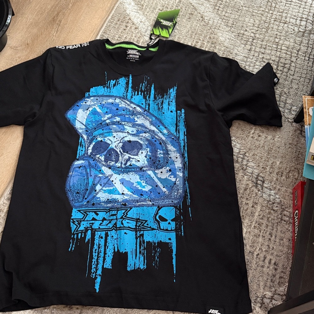 Black T-Shirt with Blue Skull Graphic